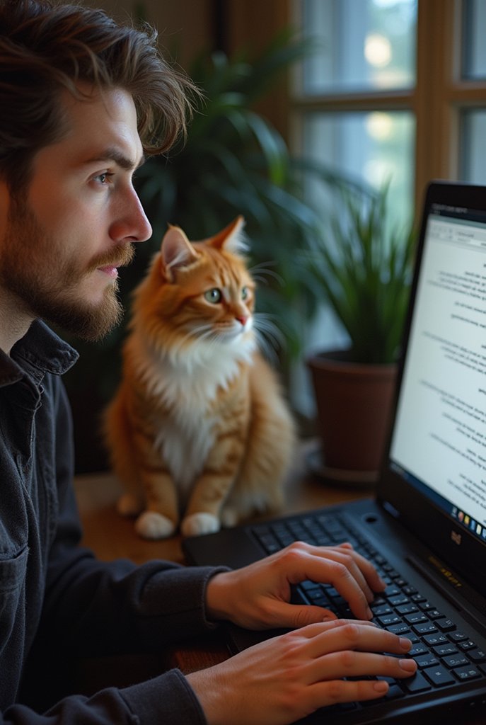 Homme et chat regardent l'écran de l'ordinateur